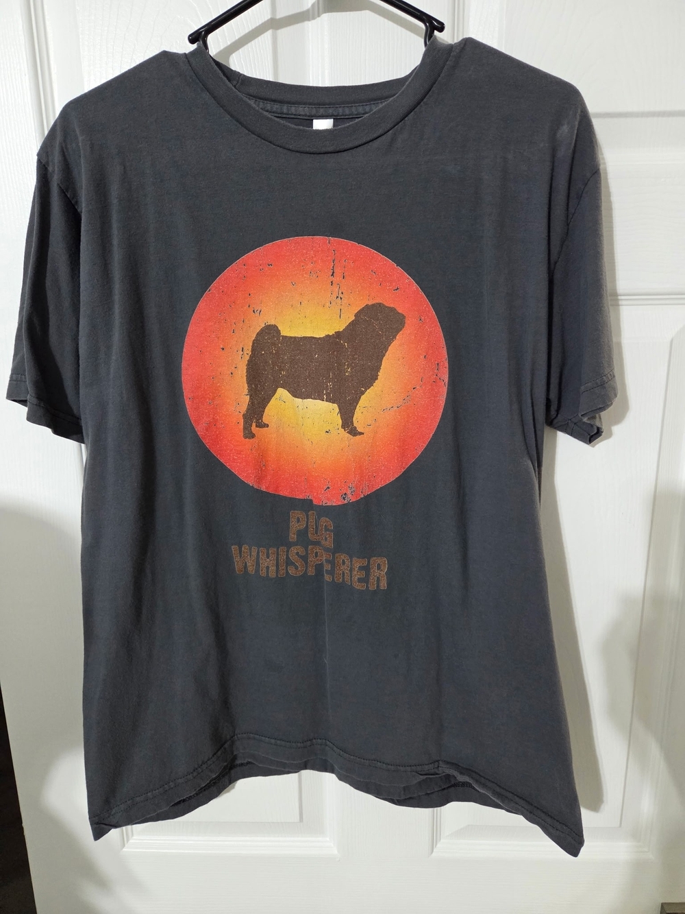 Pug Whisperer T-Shirt - Charcoal with Orange Sunset Dog Silhouette, Mens Large